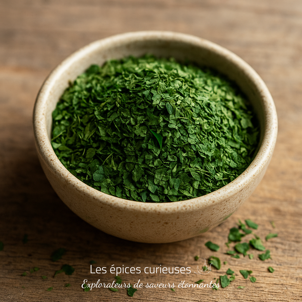 Bol de persil séché, parfait pour assaisonner les plats, sur une table en bois rustique.