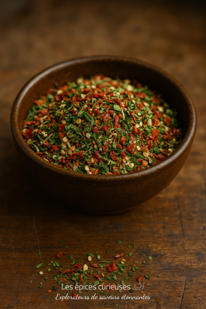 Bol d'assaisonnement aux herbes et épices colorées sur une table en bois rustique.