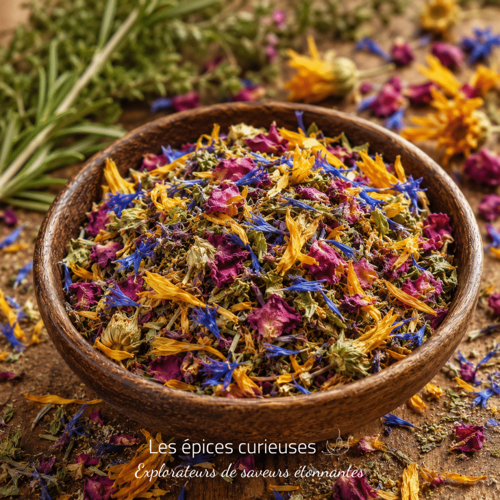 Bol de fleurs séchées colorées sur une table en bois, idéal pour infusion ou décoration naturelle.
